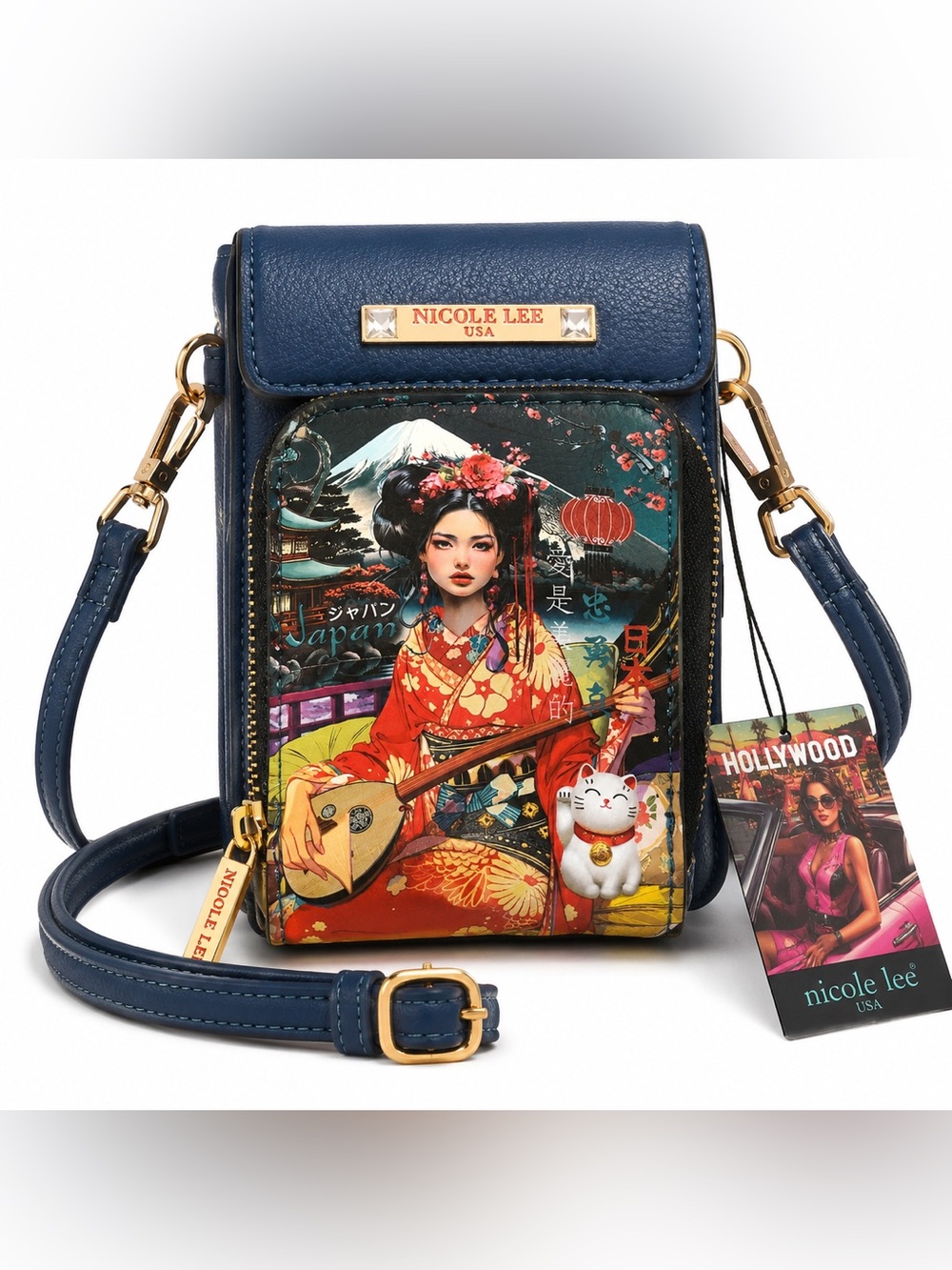 Nicole Lee Akiko La‎ Belleza Crossbody Wallet Blue Japan Geisha NWT